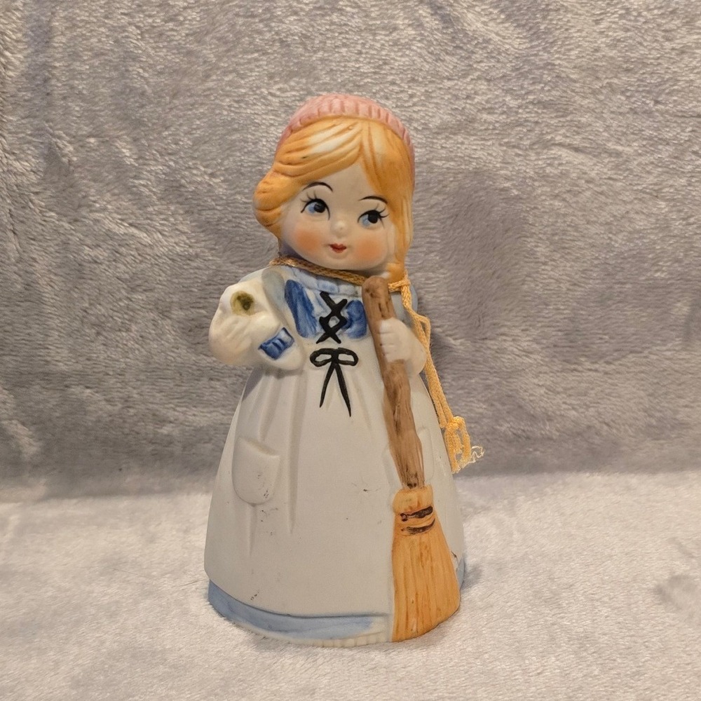 Vintage JASCO Taiwan 4.25" Girl Bell Figurine Broom Owl Ceramic Christmas